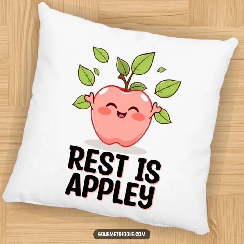 Funny Apple Juggling Leaves Pillow: A smiling apple juggles its leaves, providing a soft, humorous accent piece for ultimate comfort and cheer.