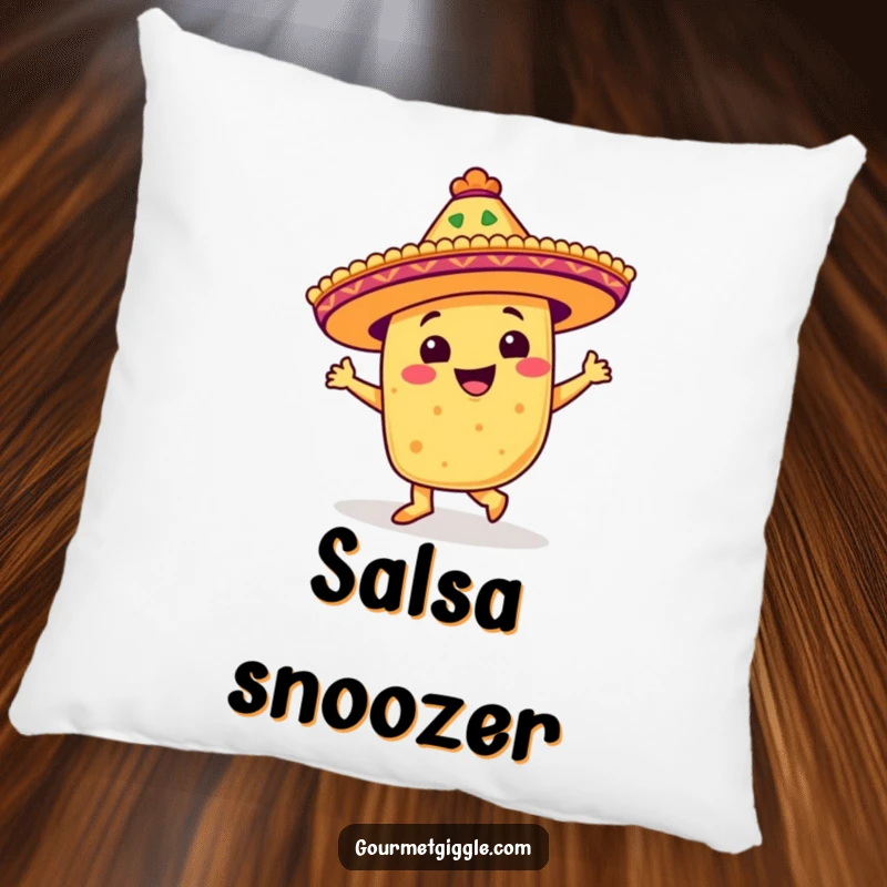 Funny pillow featuring a beaming taco with a festive sombrero doing a salsa step, offering comfort and cheer.
