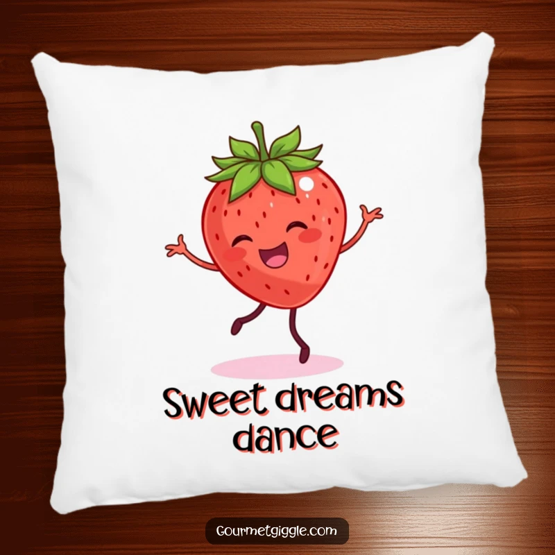 Funny pillow with a smiling strawberry with legs dancing joyfully, offering comfort and cheerful decor.