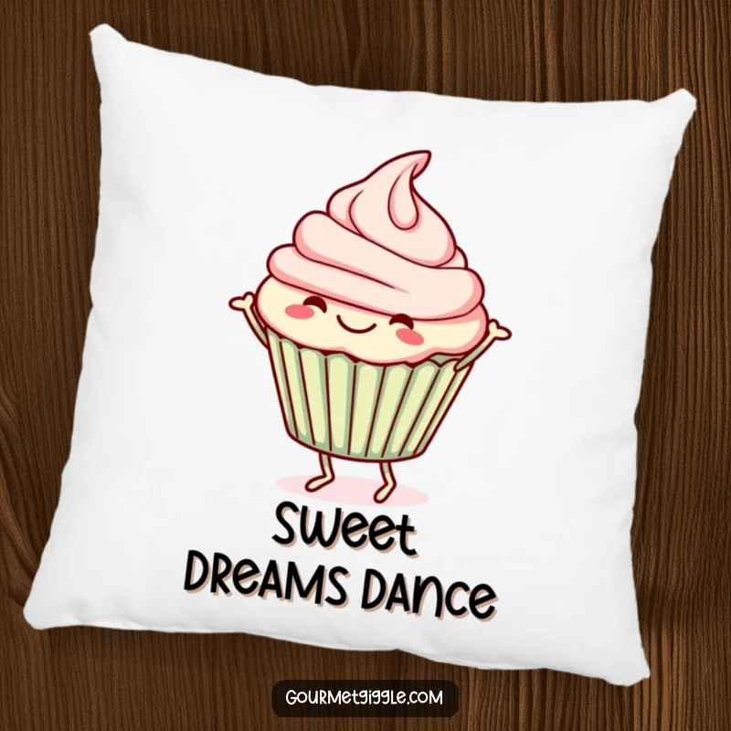 Funny Pillow featuring a happy cupcake doing a jig, offering a soft, whimsical, and humorous decorative accent.