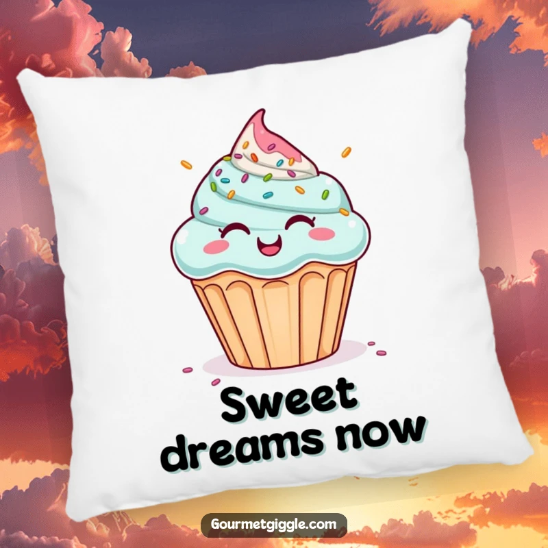 Funny decorative pillow featuring a giggling cupcake under a colorful sprinkle shower. Soft and humorous, an ideal funny gift.