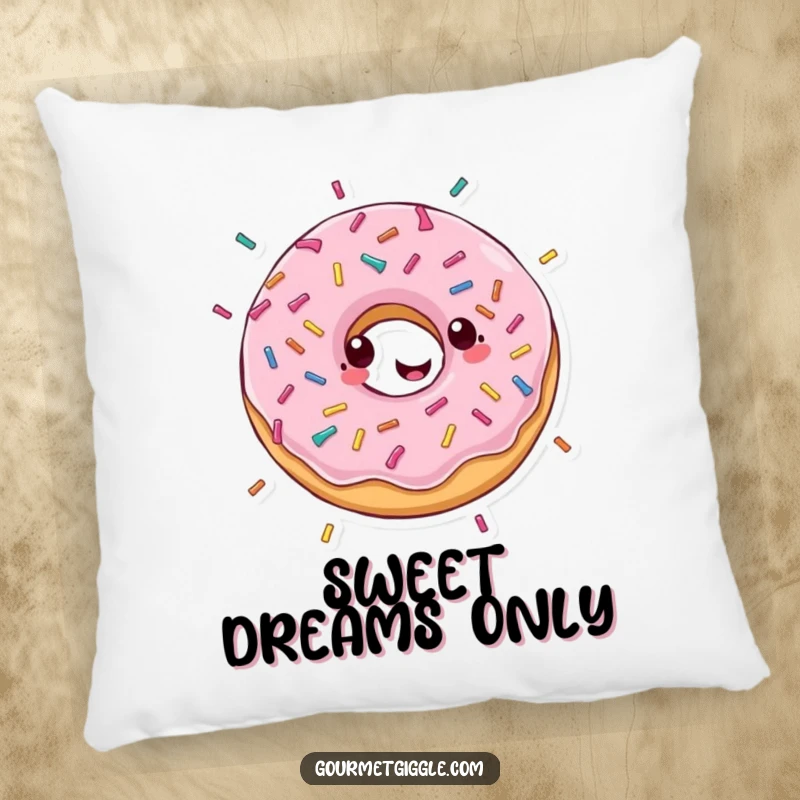 Funny pillow depicting a gleeful donut in a happy spin with sprinkles falling, offering comfort with a side of sweet joy.