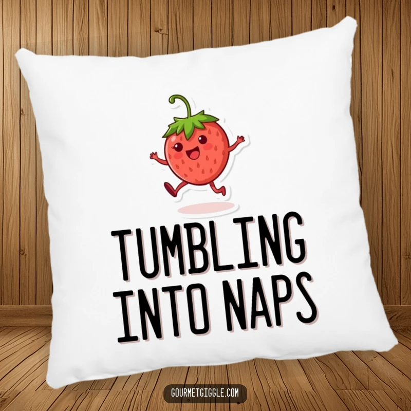 Funny strawberry character pillow, adorned with a cheerful, round fruit performing a cartwheel, offering comfort and humor.