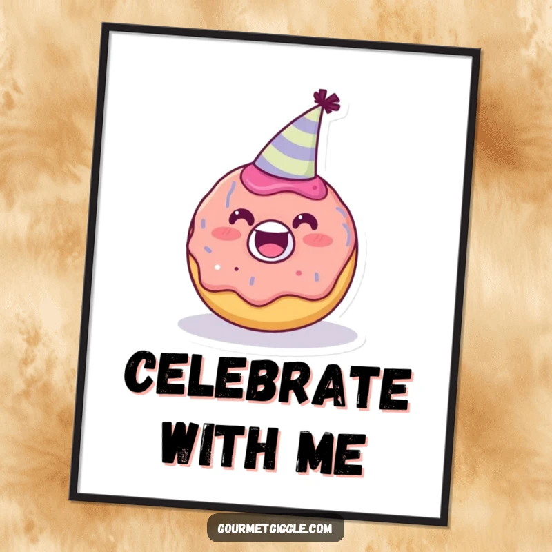 Funny delighted donut character wearing a tiny party hat as digital art, cheerful printable decor, a delightful and funny gift.