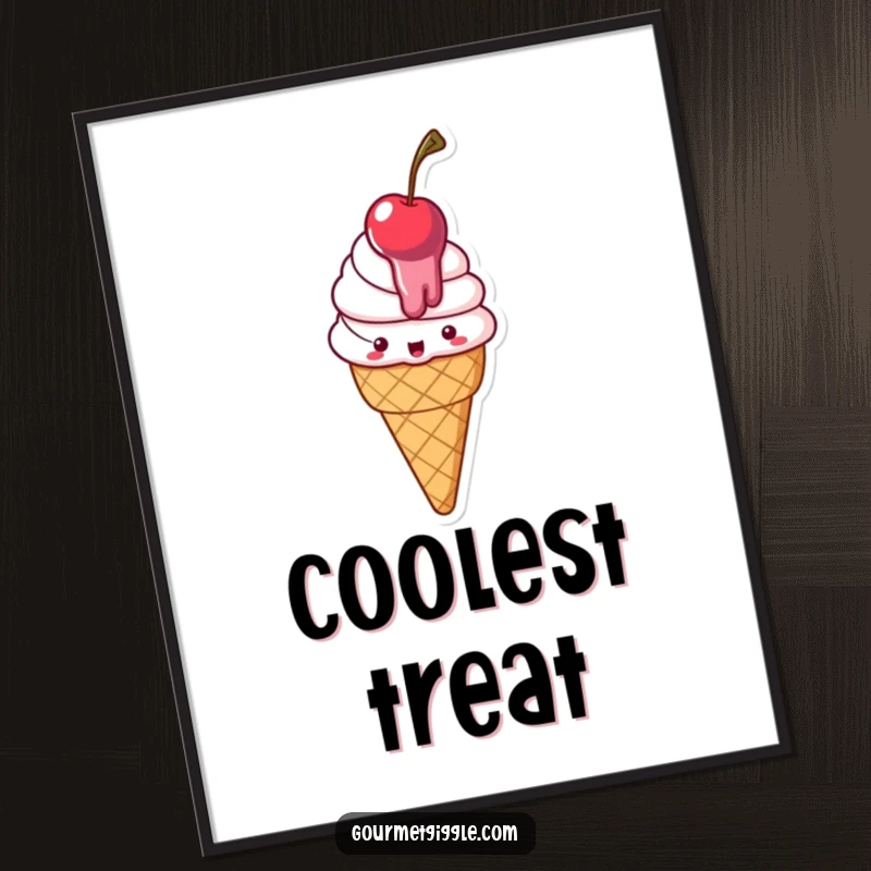 Funny Digital Art Print of a happy, melting ice cream cone with a cherry, ideal for printable wall art and decor.