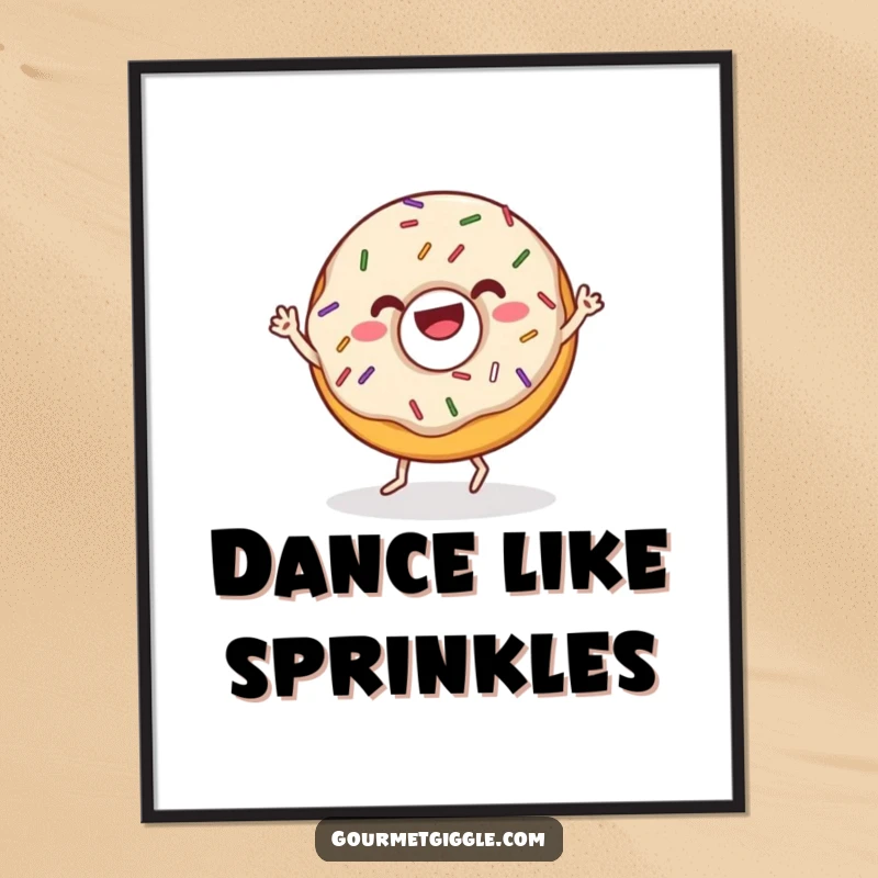 Funny donut digital art print of a donut with sprinkles dancing joyfully, a vibrant and cheerful piece for instant download. High resolution.