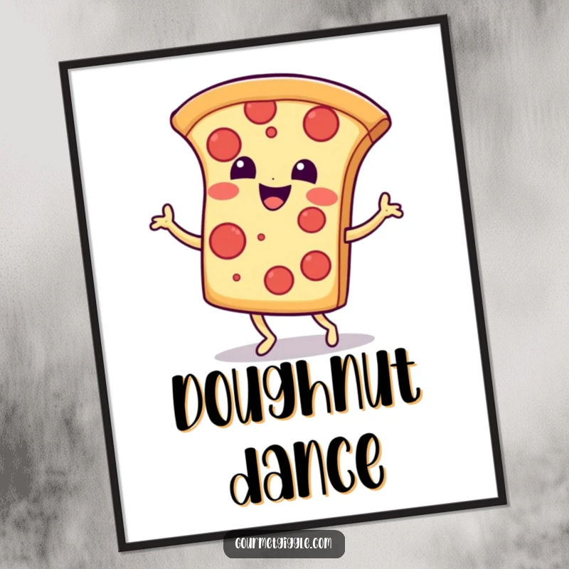 Funny Digital Art: A smiling pizza slice joyfully performing a happy jig, capturing infectious cheesy dance energy for instant decor.