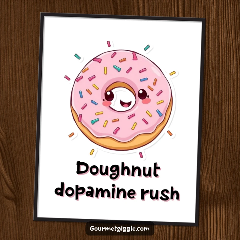 Funny digital art print of a gleeful donut happily spinning with sprinkles showering down, offering instant sweet decor and joy.