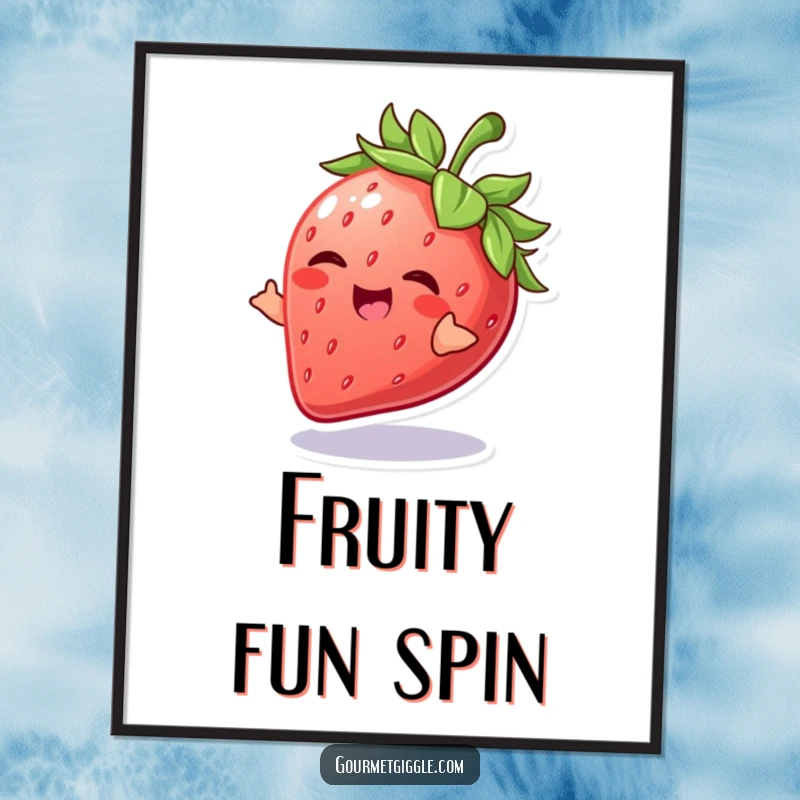 Funny Strawberry Digital Art Print of a giggling strawberry doing a playful spin, perfect for instant cheerful and fruity decor.