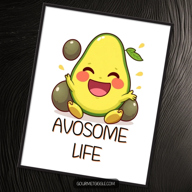 Funny Digital Art Print of a beaming avocado skillfully juggling its pits, ideal for printable wall art and decor.