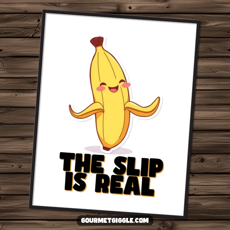 Funny Banana Peel Digital Art Print: A high-quality image of a grinning banana peel comically slipping, ready for instant download and humorous decor.
