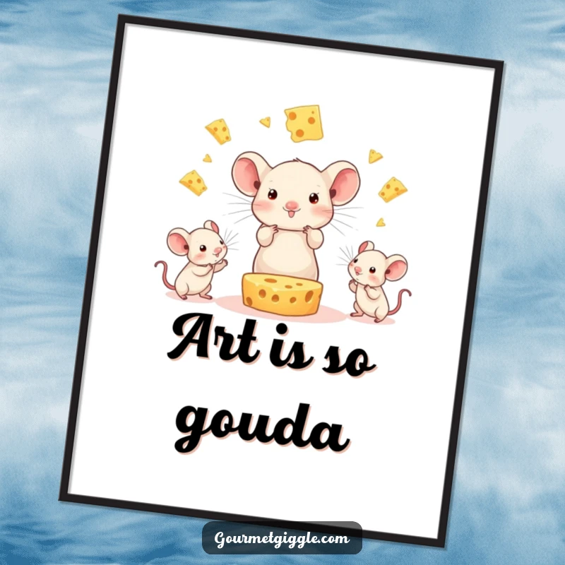 Funny Cheese Juggling Mice Digital Art: A beaming cheese character juggles tiny mice, offering a vibrant and comical visual for instant cheer.