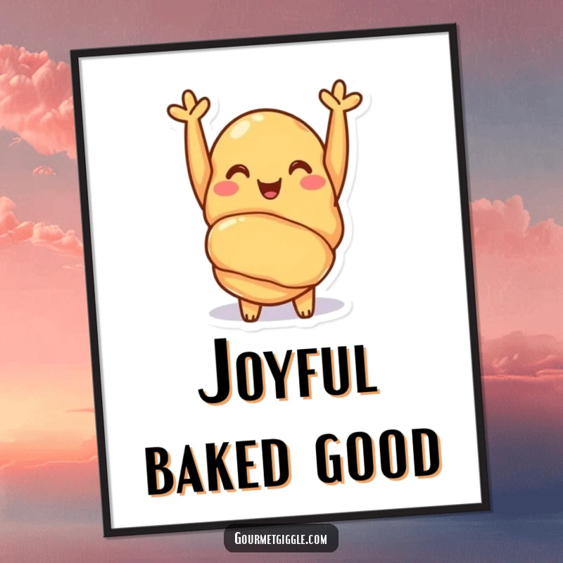 Funny croissant digital art print of a cheerful pastry with tiny arms raised in a happy cheer. Instant download for lovely decor.