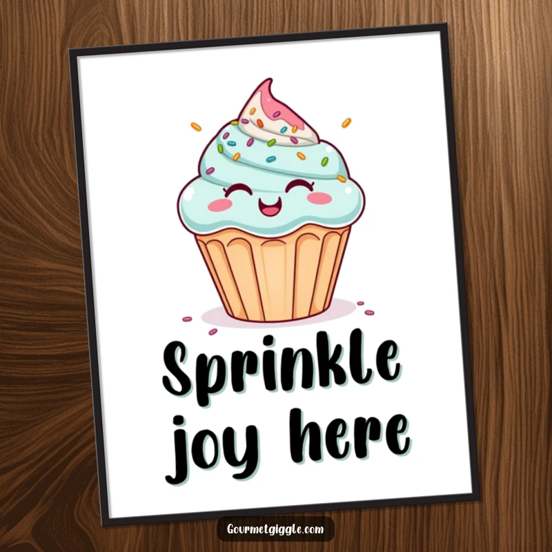 Funny digital art print of a giggling cupcake enjoying a shower of colorful sprinkles. Humorous and sweet, perfect funny gift.
