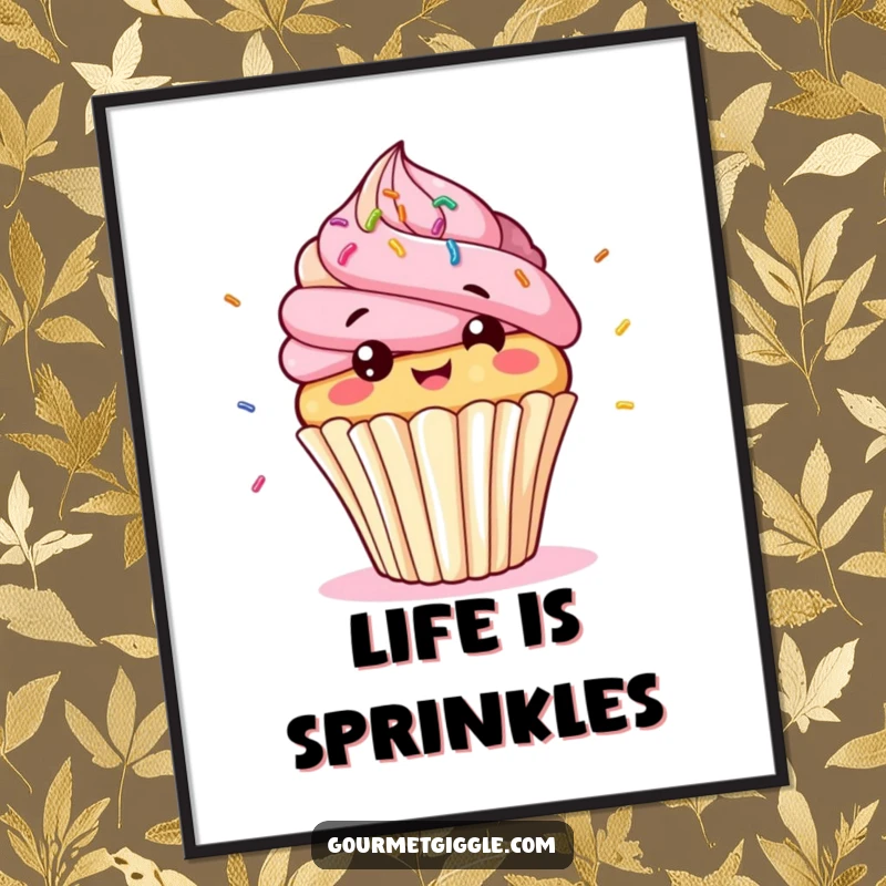 Funny cupcake character digital art print, a giggling, bobbing cupcake with bouncing sprinkles, ready to bring sweet joy.