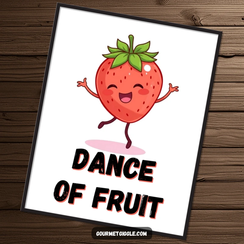 Funny digital art print of a smiling strawberry with legs dancing joyfully, perfect for cheerful decor.