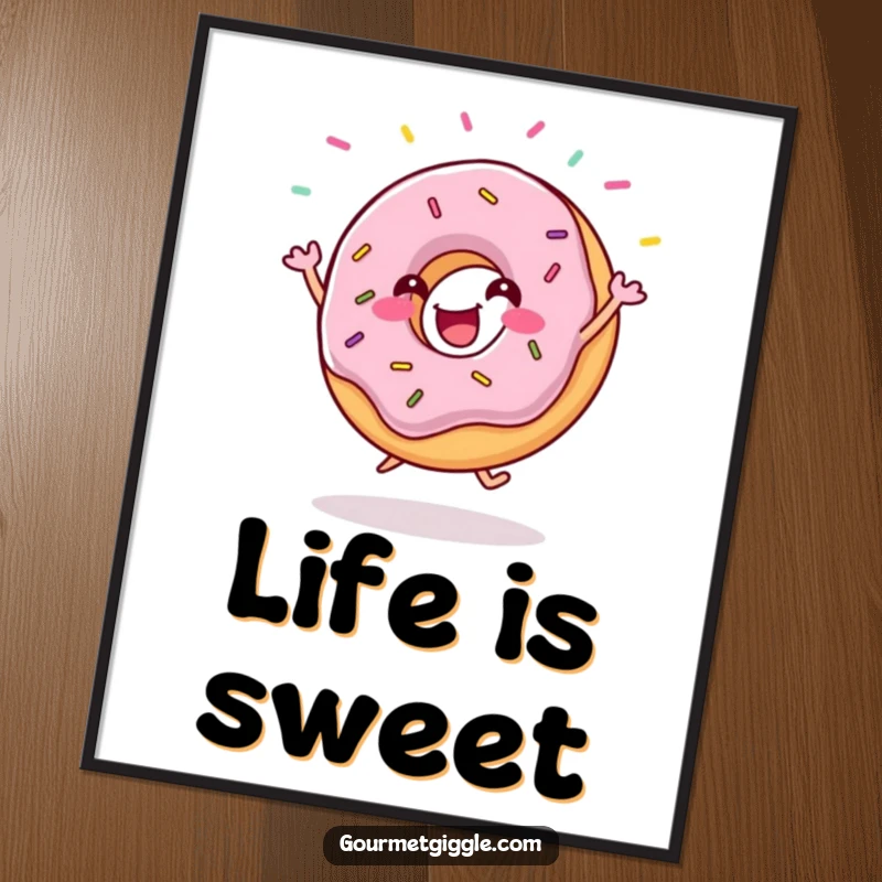 Funny donut jig digital art print of a gleeful donut with flying sprinkles, radiating joy and energy. High-resolution and ready to print.