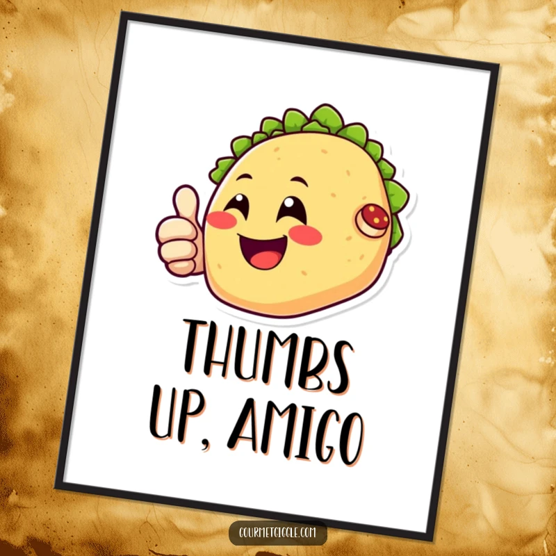 Funny digital art print of a happy taco character smiling and giving a thumbs up, perfect for vibrant and cheerful decor.