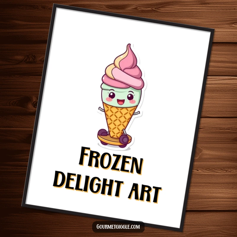 Funny digital art print of a cheerful ice cream cone scooting along on its waffle base, perfect for adding vibrant, dessert-themed humor to any room.