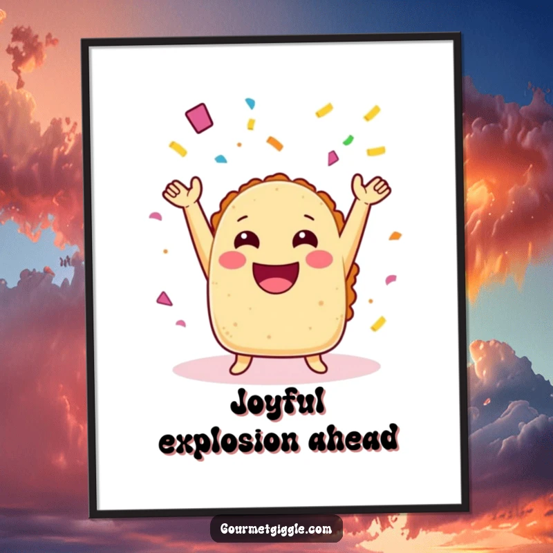 Funny taco digital art print with arms joyfully throwing confetti, offering instant humorous and festive wall decor.