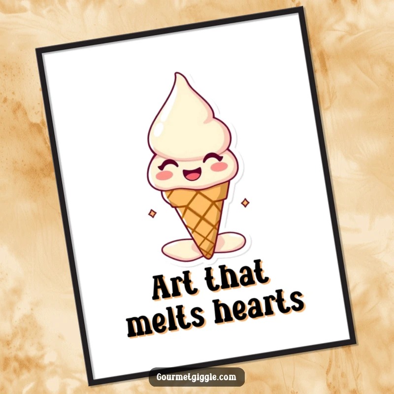 Funny melting ice cream cone digital art print, a joyful, slightly melting character radiating happiness, ideal for vibrant decor.