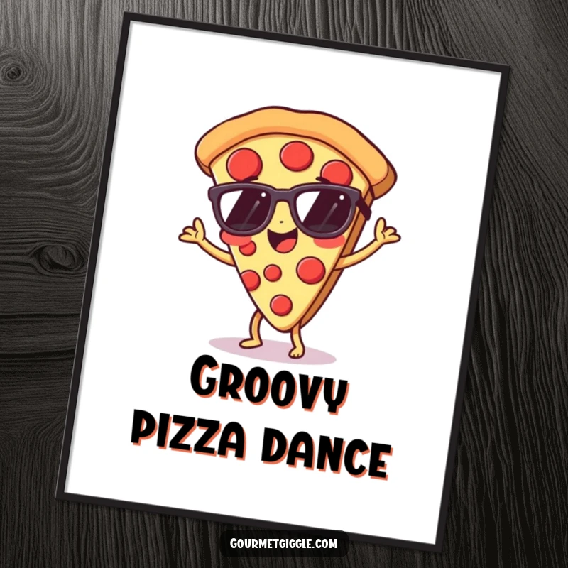 Funny pizza digital art print, showcasing a dancing slice in tiny sunglasses, high-quality and fun.