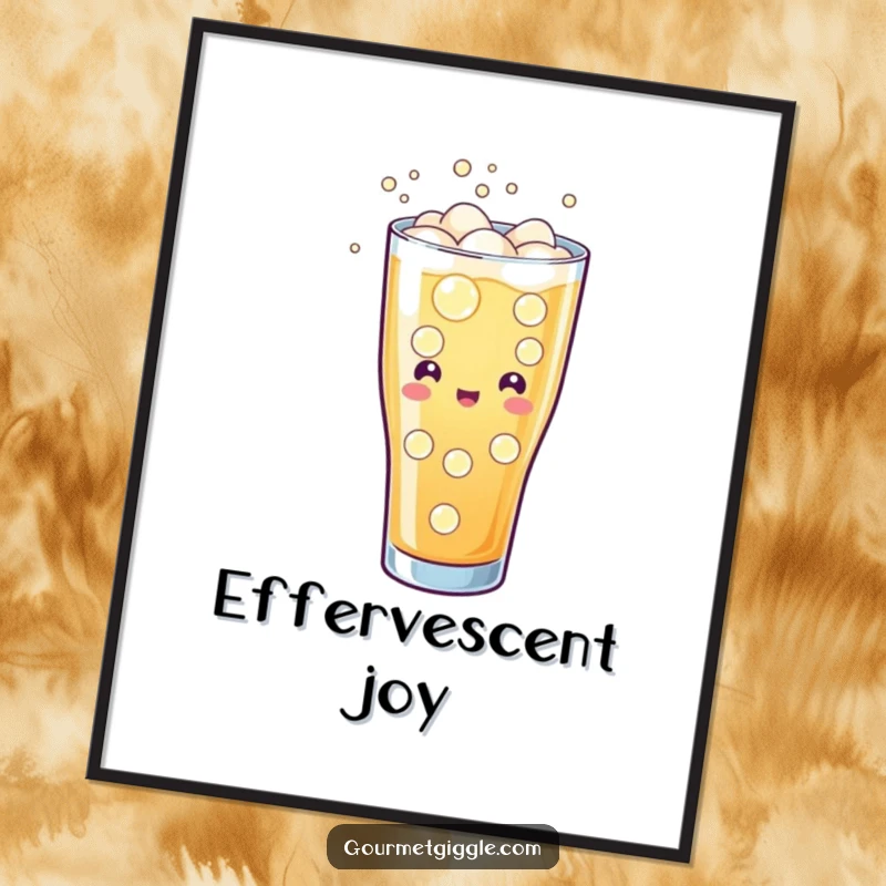 Funny digital art print of a glass of soda with cheerful fizzing and bubbles, a refreshing and humorous piece.
