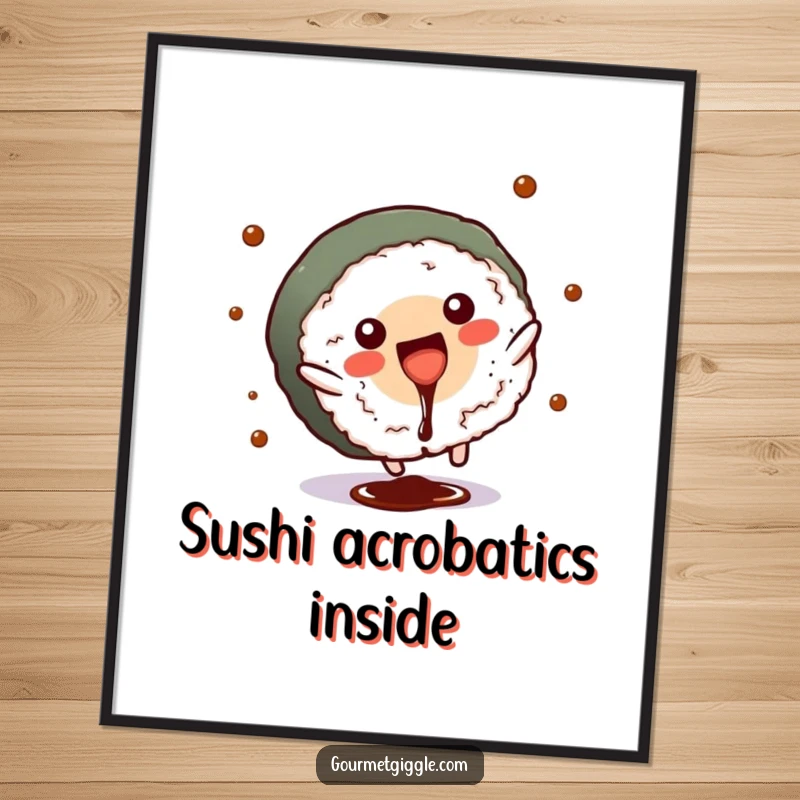 Funny sushi roll digital art print, a cartwheeling character with soy sauce splash, high-resolution humor.