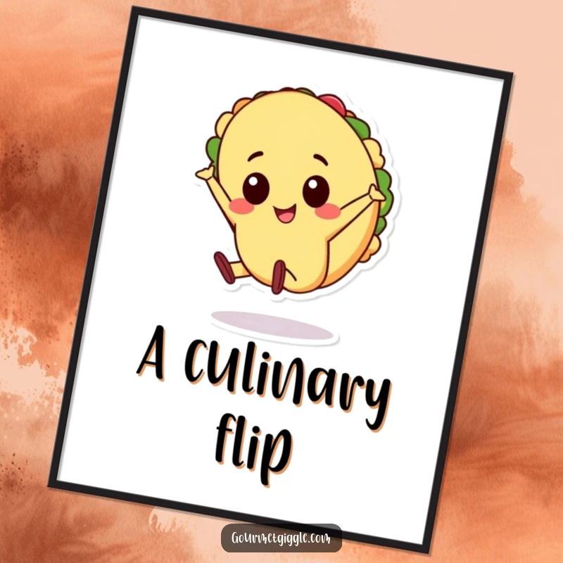 Funny cheerful taco character doing a cartwheel as digital art, energetic printable decor, a vibrant and funny gift.