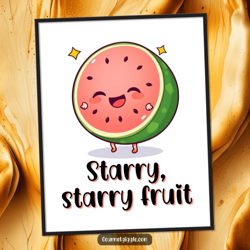 Funny watermelon digital art print of a giggling slice with star seeds doing cartwheels, ready for instant download. High energy and fun.