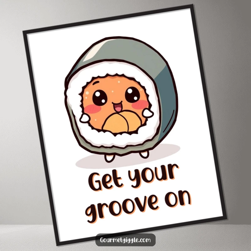Funny delighted sushi roll with expressive eyes, joyfully dancing, available as a downloadable digital art print.