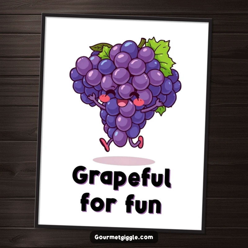 Funny digital art print of an exuberant bunch of grapes doing a joyful hop, full of fruity energy and happiness.