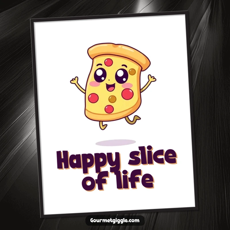 Funny digital art print of a happy pizza slice with legs, jumping with glee, perfect for adding vibrant, food-themed humor to any room.