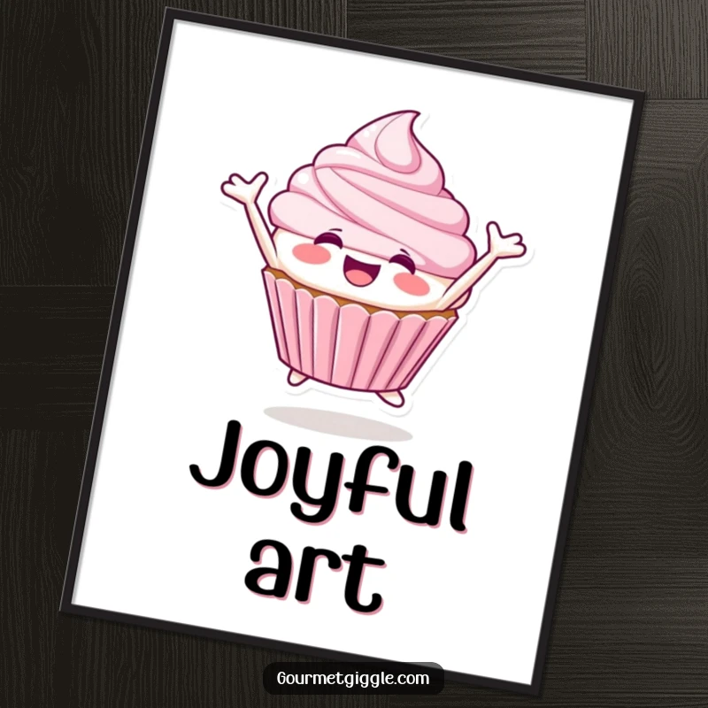 Funny Cupcake Digital Art print of a smiling cupcake character joyfully leaping, radiating pure happiness.