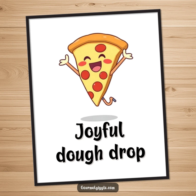 Funny digital art print of a smiling pizza slice in a joyful jump, offering instant happiness and foodie decor.