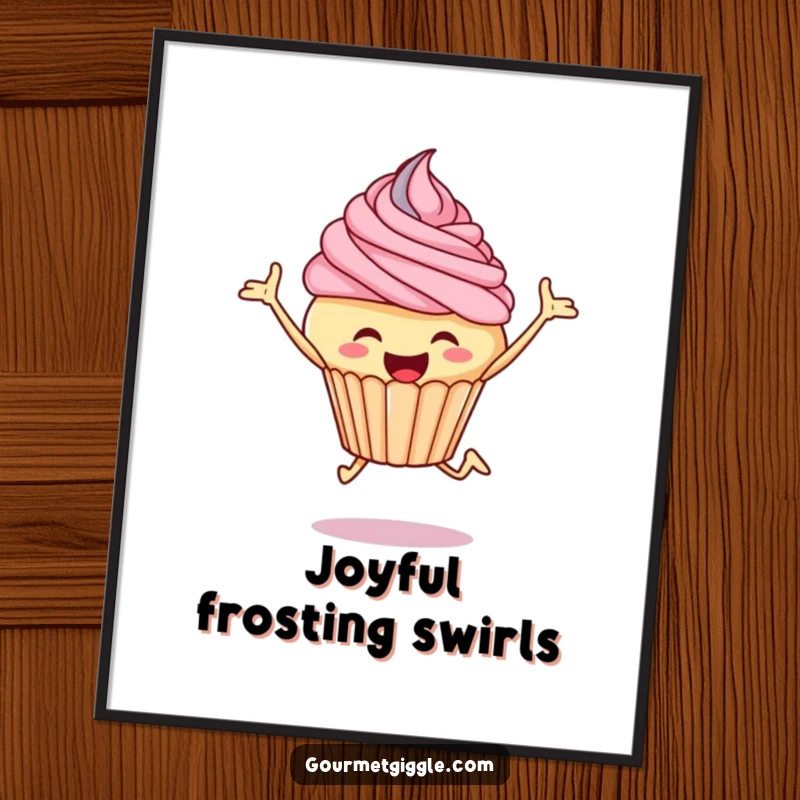Funny cupcake digital art print, capturing a jubilant cupcake leaping with frosting, vibrant and cheerful.