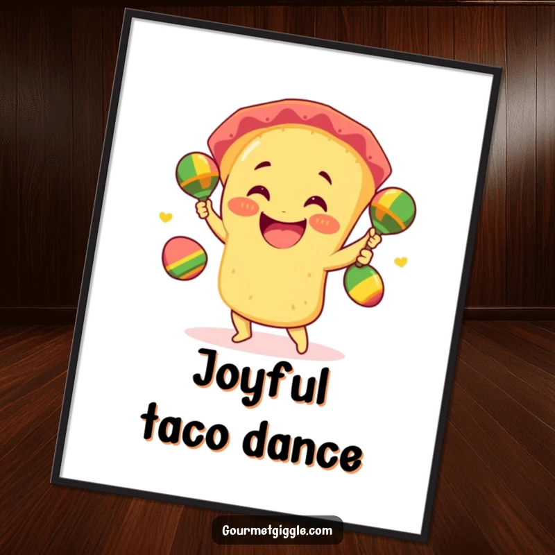 Funny taco juggling digital art print of a smiling taco enthusiastically juggling three mini maracas, radiating giddy excitement.