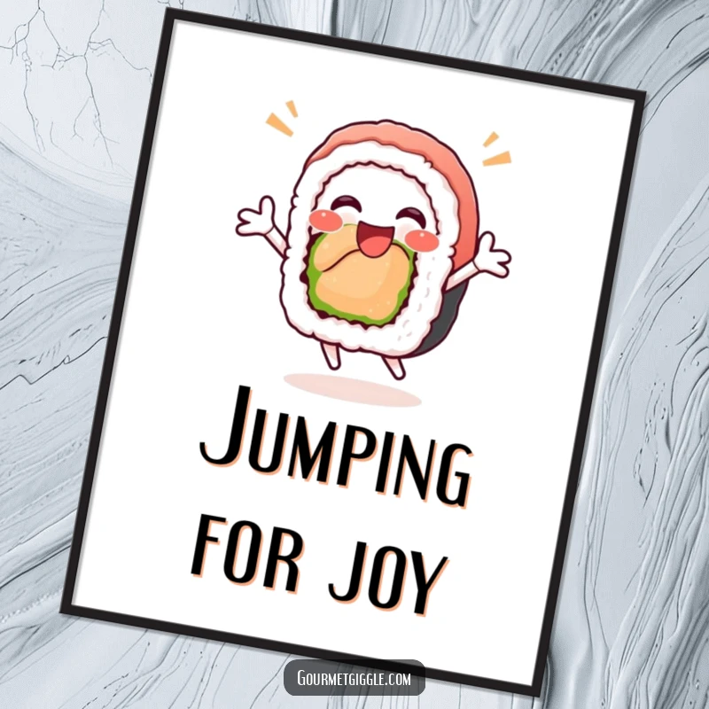 Funny sushi roll digital art print of a delighted, happy sushi roll doing a celebratory jump, perfect for instant, humorous wall decor.