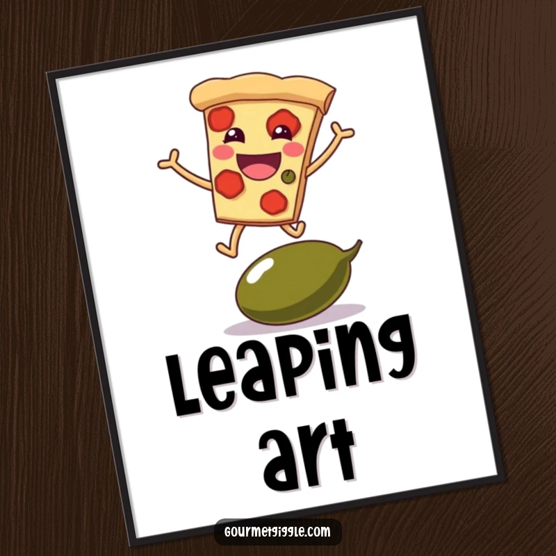 Funny digital art print of a grinning pizza slice with legs leaping over a giant olive, for instant food humor.
