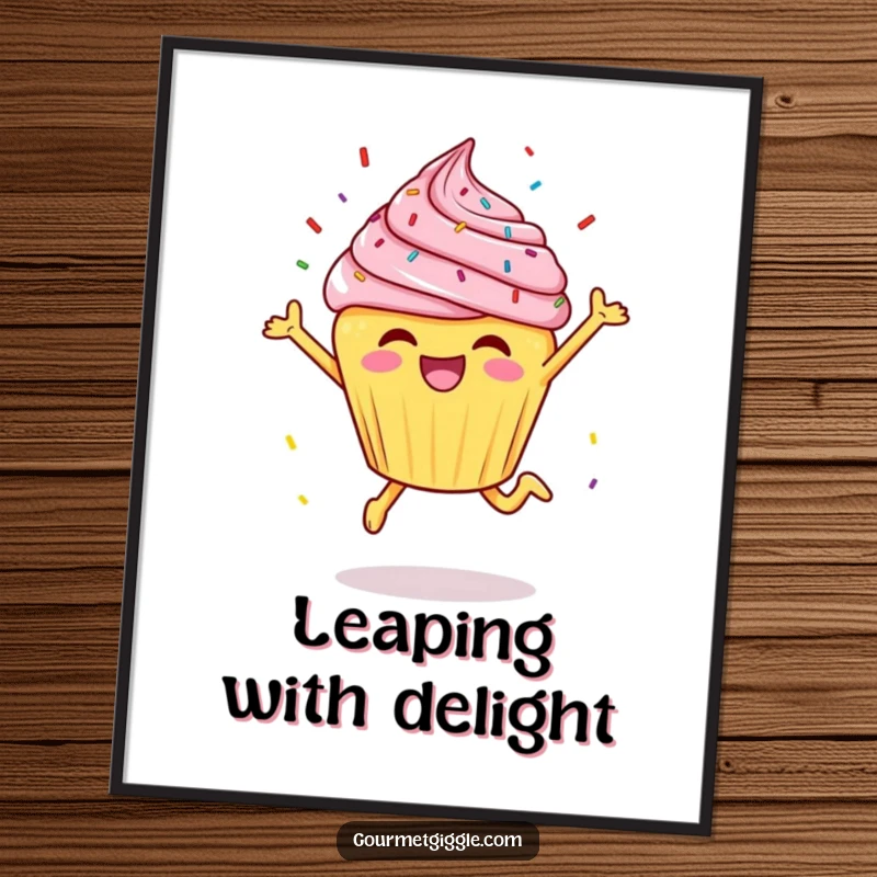 Funny cheerful cupcake doing a joyful leap with sprinkles flying, creating a sweet and happy atmosphere in this digital art print.