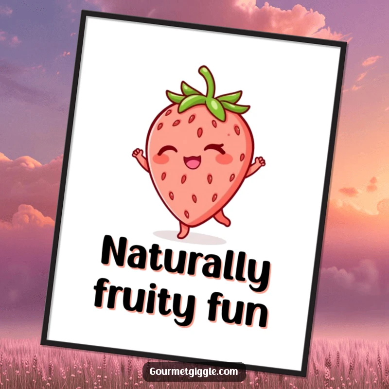 Funny winking strawberry digital art print, high-resolution file, features a cheerful dancing fruit with a wink, ideal for printable wall decor.