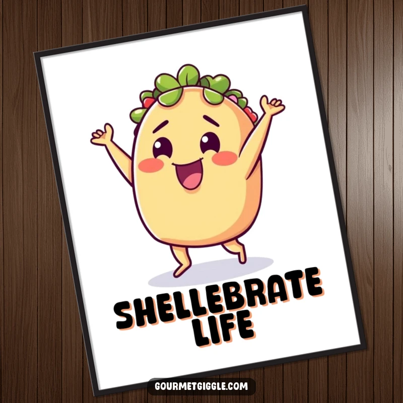 Funny Digital Art: A delighted taco captured mid-dance, radiating festive Mexican energy for instant wall decor.