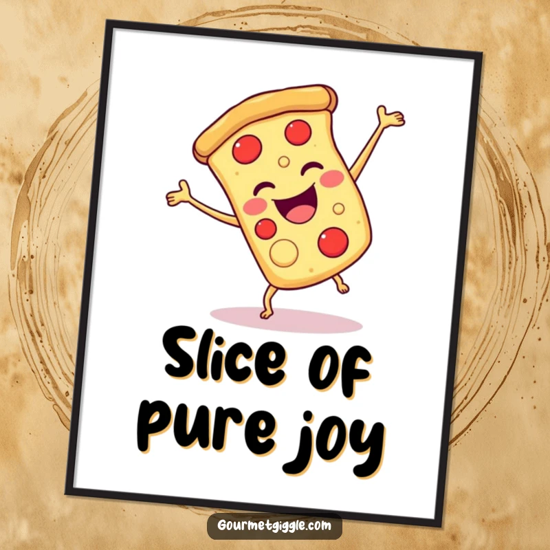 Funny pizza cartwheel digital art print of a smiling slice of pizza doing a joyful cartwheel, for wall decor.