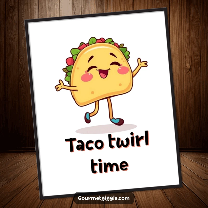 Funny digital art print of a winking taco enthusiastically salsa dancing, offering instant fiesta decor and humor.