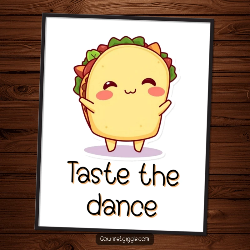 Funny Taco Digital Art Print: A high-resolution image of a happy taco performing a lively shimmy, its filling jiggling, ready for instant download and display.