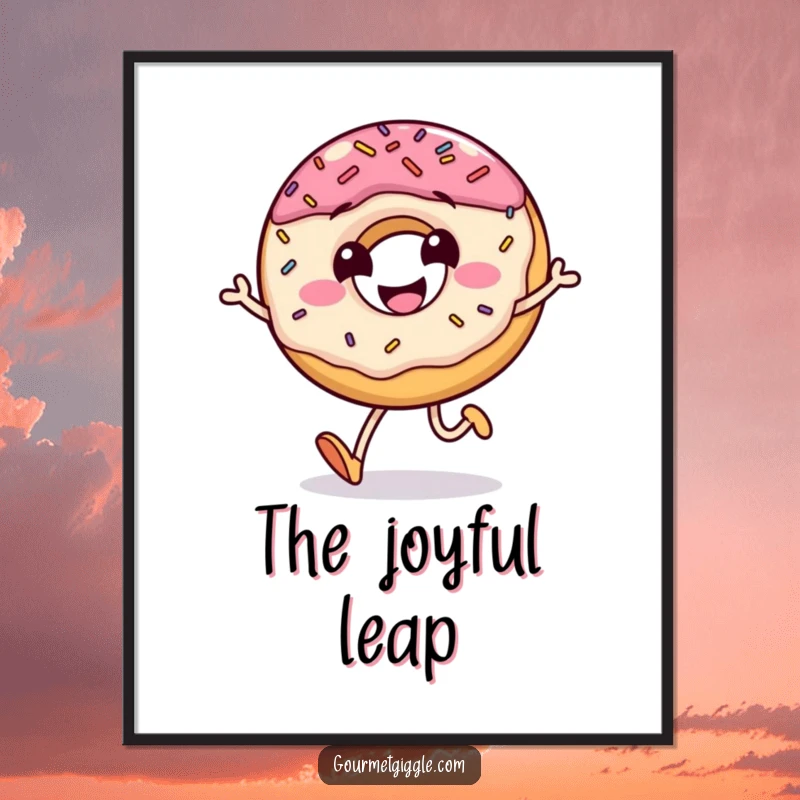 Funny digital art print of a grinning donut mid-jump with sprinkles scattering, a sweet and energetic piece.