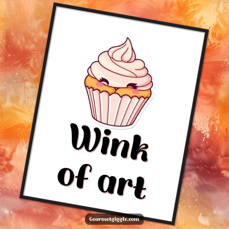 Funny Winking Cupcake Digital Art Print: A tantalizing cupcake with a frosting swirl winks playfully, offering instant humorous wall art.