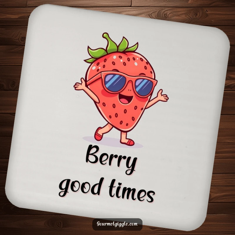 Funny Strawberry Sunglasses Coaster showcasing a cheerful strawberry dancing with cool sunglasses, adding a playful and stylish touch to any drink setup.
