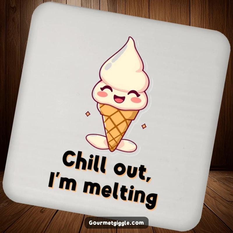 Funny melting ice cream cone coasters, cheerful, slightly melty dessert characters protecting surfaces with sweet, humorous style.