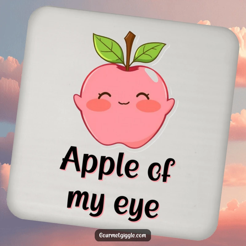 Funny apple drink coasters featuring a blushing fruit with leaf hair, doing a playful curtsy. Adds natural charm to drink service.